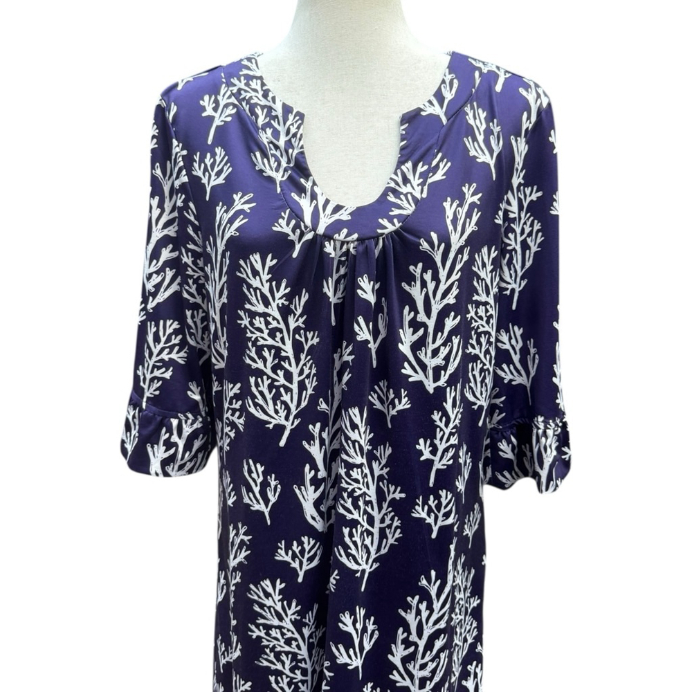 Top it Off Navy Coral Tunic Dress L Cover Up Resort Poolside Coastal Style